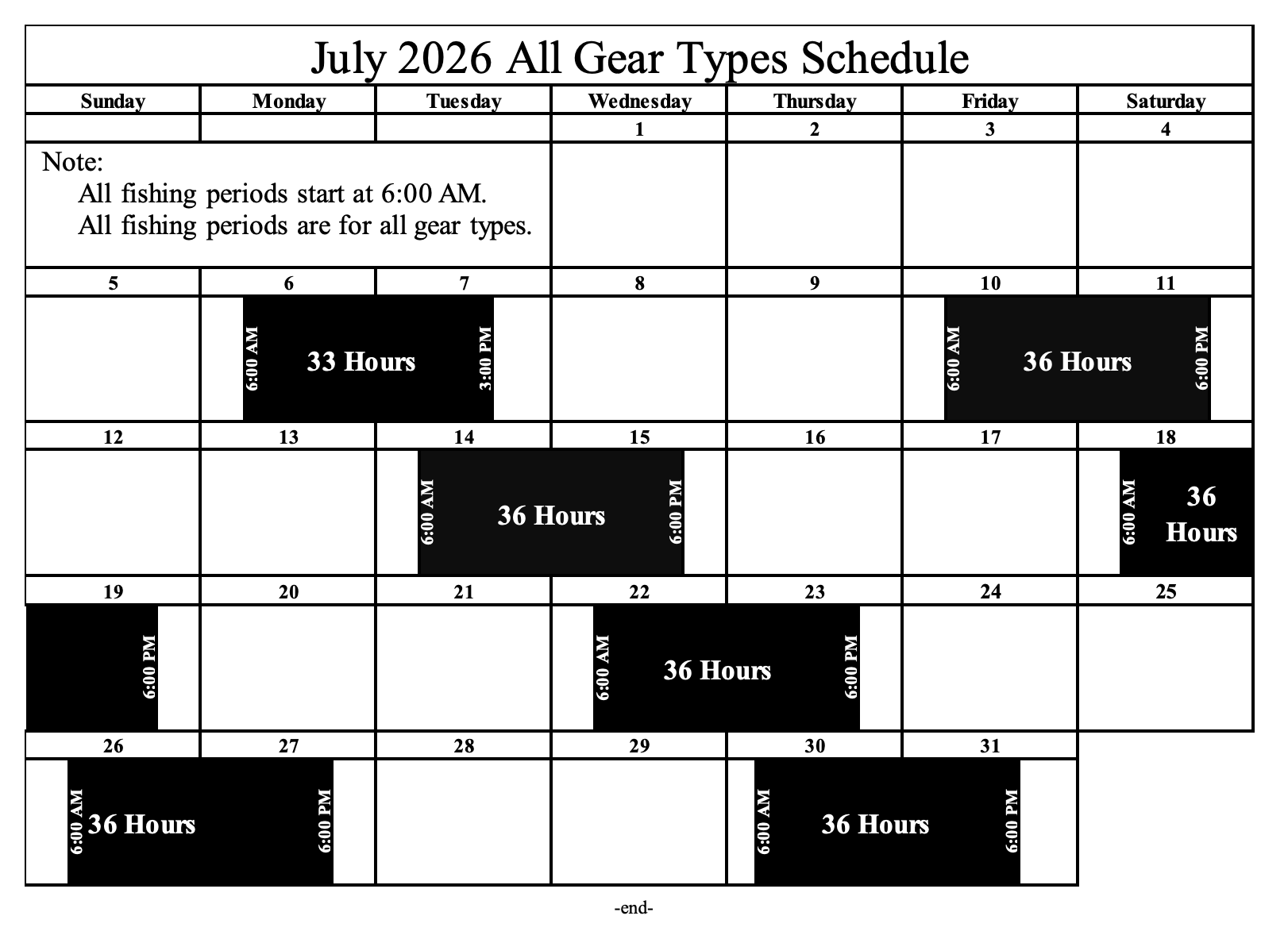 Area M July 2026 fishing schedule, including the July 2, 3, 5 test fishery and July 6 post-June opener